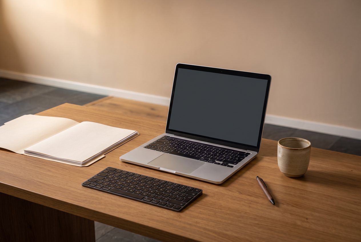 Arbeitsplatz mit Notebook, Tastatur und Unterlagen